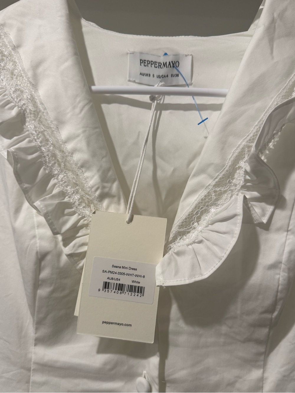 NWT PepperMayo Seana Mini Dress White Ruffle Puff Sleeve Size US 4 #80 - Picture 4 of 6